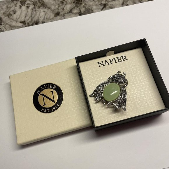Napier Jewelry - Napier Costume Jewelry Brooch Silver Tone Green Beetle Bug Rhinestone Insect
